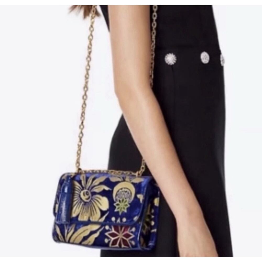 TORY BURCH LARGE FLEMING COSMIC FLORAL VELVET/LEATHER BAG